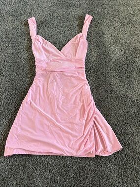 Pink Mini Dress with V-Neck and Side Ruching